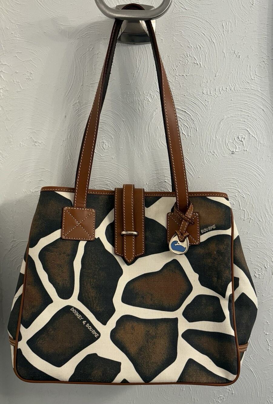 Dooney & Bourke Giraffe Print Canvas Tote Shoulder Bag Brown Leather Trim Animal